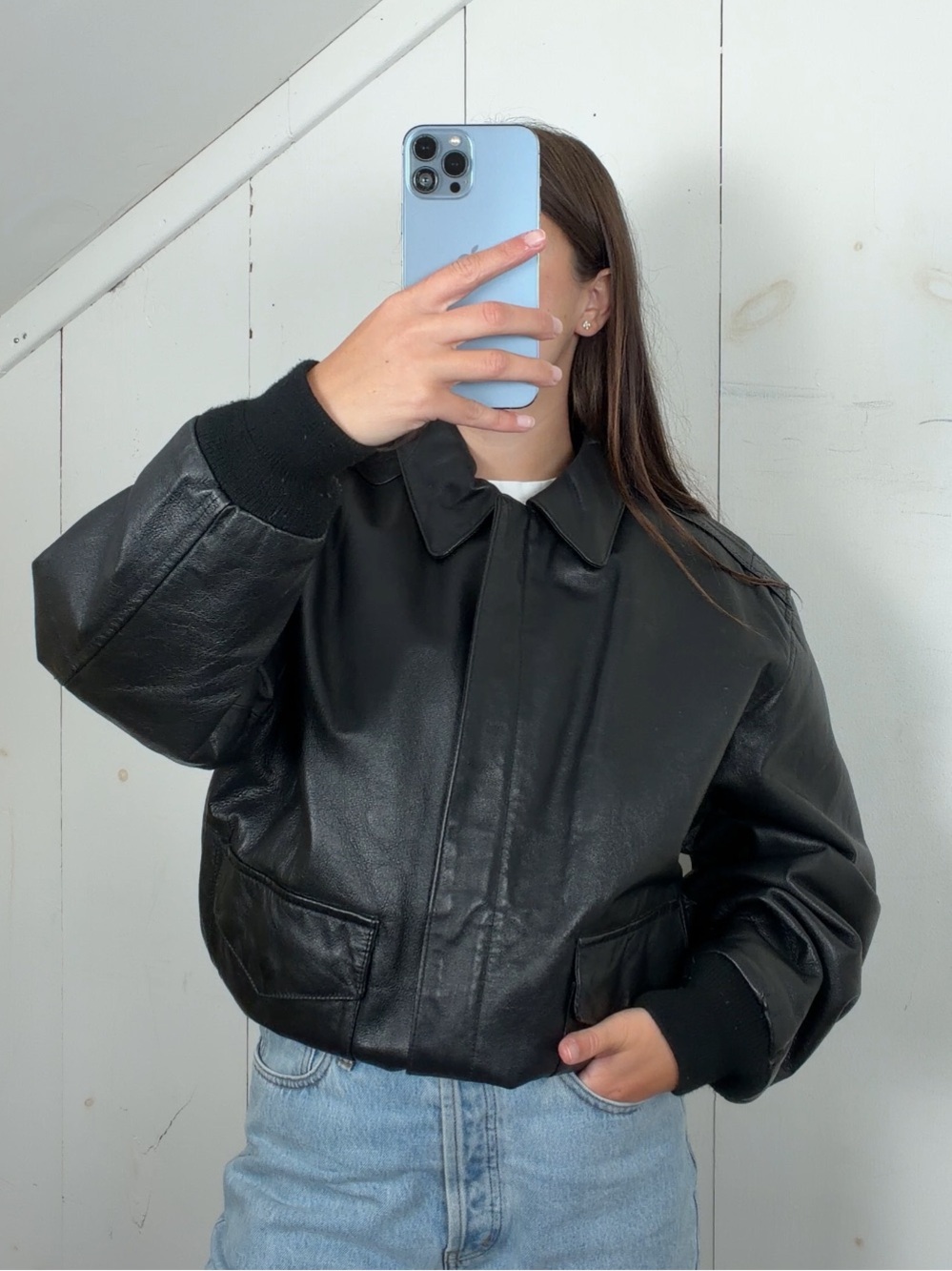Vintage Black Genuine Leather A2 Flight Bomber Jacket Men’s M Ribbed Knit Trim